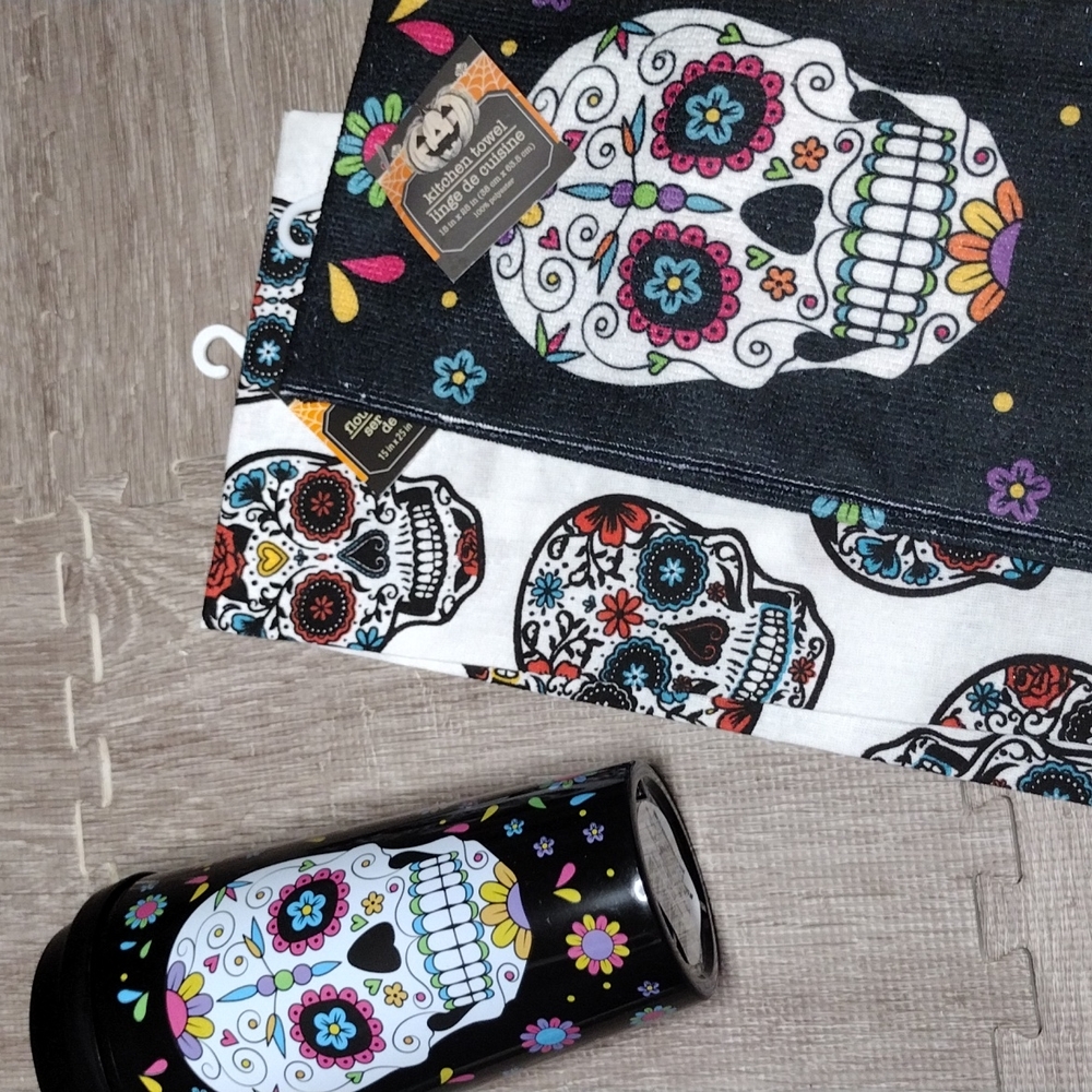 NWT Sugar Skull Travel Mug and 2 Towels Set - Picture 2 of 15